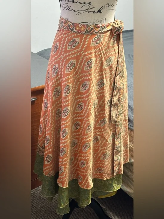 Boho Wrap Skirt in Warm Orange Ikat - Picture 6 of 12